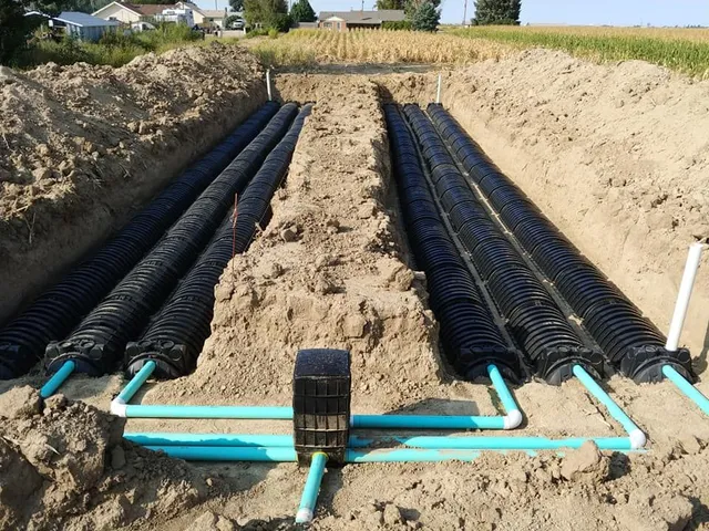 Rocking F Septics & Sitework septic drain field installation with chamber trenches on a rural property in Fredericksburg, Texas Hill Country
