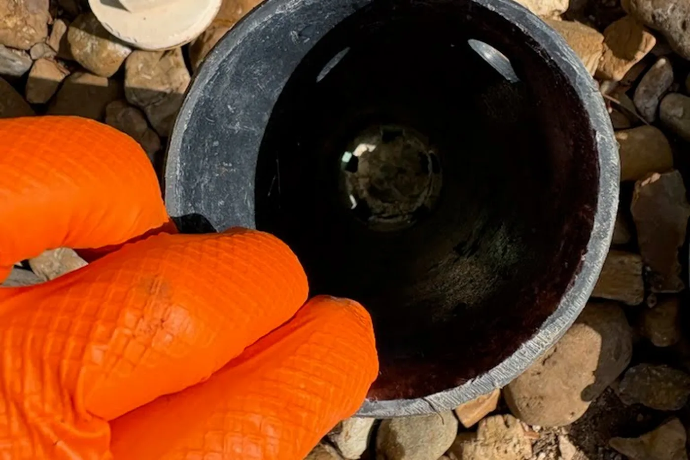 Technician in orange gloves pulling a septic clean-out cap during a real estate inspection